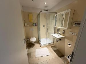 a bathroom with a shower and a toilet and a sink at Apartment 8 at Cologne Cathedral in Cologne +23 photos