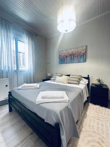 een slaapkamer met een groot bed en een kroonluchter bij G&A House in Gaios in Gaios