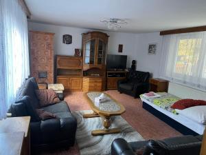 a living room with a couch and a table at Apartmán na loučkách u lesa in Dolany