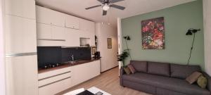 a living room with a couch and a kitchen at Lakeview Casa Camelia 21 in Acquaseria