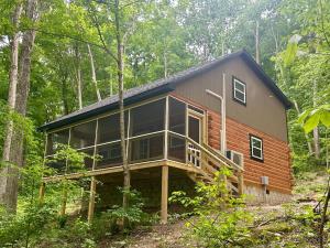 a log cabin in the woods with trees at Boulder Ridge Cabin in Eckerty