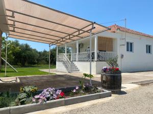 awning over a house with flowers in a garden at Soulis House in Zacharo