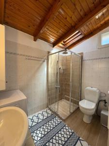 Un baño con ducha, inodoro y lavabo. en Combination of the sea and the countryside, en Vari
