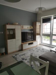 a living room with a flat screen tv and a couch at Apartament przy Lesie in Olsztyn