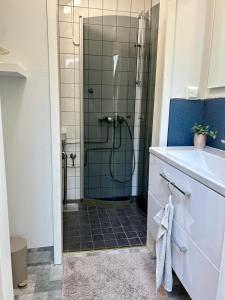 a bathroom with a shower and a sink at Loft with lake views in Turku! in Turku +32 photos