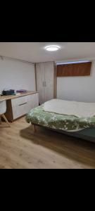 a bedroom with a bed and a desk in it at Granville, sous-sol aménagé en bel appartement in Granville