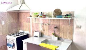 a small kitchen with a stove and a sink at Lo de Haz II in Tilcara
