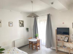 a living room with a table and a tv at A&J Studio - Bonny sur Loire -Châteaux de Guedelon- Pont Canal in Bonny-sur-Loire