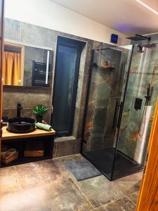a bathroom with a shower and a sink at Kaposfüredi Kabinok in Kaposvár