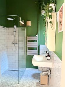 布达佩斯Churri Downtown - with Garage的绿色浴室设有水槽和淋浴 更多16张照片