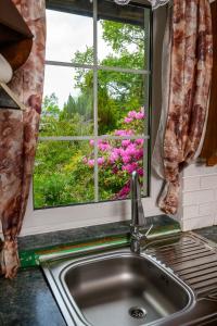a kitchen sink and a window with pink flowers at Leśny Dworek in Darłowo +105 photos