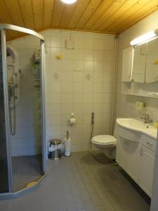 La salle de bains est pourvue d'une douche, de toilettes et d'un lavabo. dans l'établissement Villa Skoganvarre, à Skoganvarre