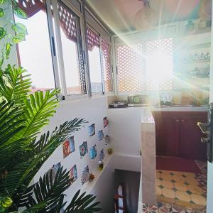 a room with windows and a table and a plant at Dar Bellaji l Bed & Breakfast in Medina l Rooftop Koutoubia in Marrakech