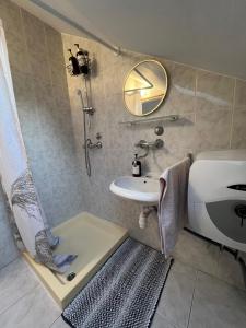 a bathroom with a sink and a shower with a mirror at Apartman Kalac in Korčula +24 photos
