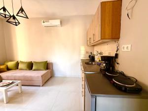 a kitchen and living room with a couch at Legros Suites II in Asprovalta
