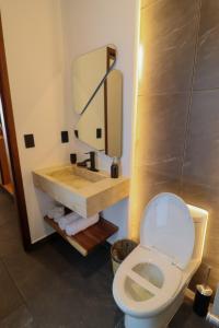 a bathroom with a white toilet and a sink at Palmas Luxury Apartment 103 in Oaxaca City