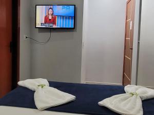 a room with a bed with two pillows and a tv at Quarto suíte 8, cama casal1, cama solteiro 1 in Marabá