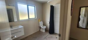 a bathroom with a toilet and a sink and a window at Pinegrove Cottages - unit3 in Twizel