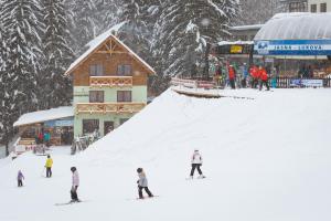 a group of people skiing down a snow covered slope at Apartments Kvasničník in Demanovska Dolina