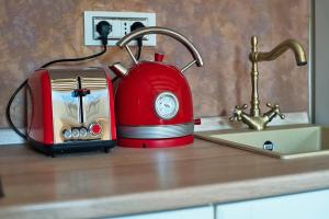 Ein roter Toaster steht auf der Arbeitsplatte neben einem Waschbecken. in der Unterkunft Free Parking Ap1 Romantic Garden Venice in Zelo + 48 Fotos