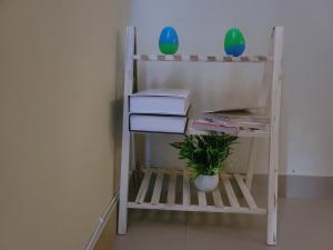 a shelf with books and a plant in a room at Urban Escape Comfy Appartment in Dargai