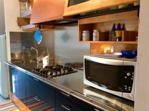 a kitchen with a stove and a microwave at Dimora Tipica Vista Mare in Marettimo