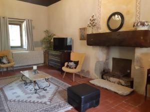 a living room with a fireplace and a chair at Grand gite Chateau in Saint-Paul-lès-Monestier