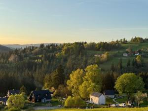 an aerial view of a village with a barn and trees at Domek Mecenasa in Nieledwia
