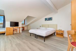 ein Schlafzimmer mit Bett, Schreibtisch und Fernseher in der Unterkunft Hotel Geier in Nago-Torbole