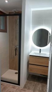 Un baño con lavabo y ducha con espejo. en Residence l 'agora, en Vaux-sur-Mer