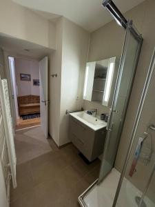 un baño con lavabo y ducha en Chamonix city center rue Paccard, en Chamonix-Mont-Blanc 13 fotos más