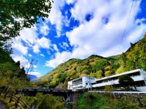 um trem está em uma ponte sobre um rio em 山村自然楽校しもなの郷 em Nanokawado