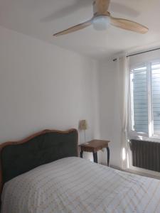 a bedroom with a bed and a ceiling fan at La quiétude de St Antoine - piscine privée in LʼIsle-sur-la-Sorgue +18 photos