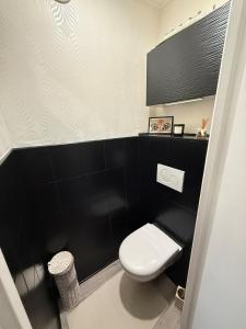 a bathroom with a white toilet and a black wall at Chez Geremio - T4 - Centre Ville in Annecy