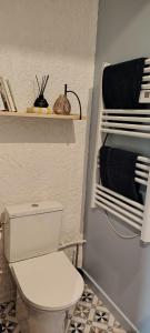 ein Badezimmer mit einem weißen WC und schwarzen Handtüchern in der Unterkunft Timounyan T1 N24 centre ville Animaux acceptés in Arcachon