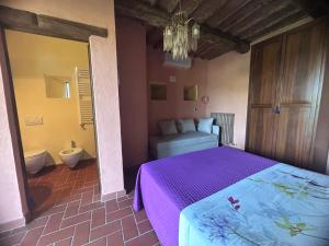 a bedroom with a purple bed and a bathroom at Agriturismo Colle Donatucci in Castagneto Carducci