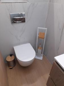 a bathroom with a white toilet in a room at Chalé da Fonte - T2 in Geres