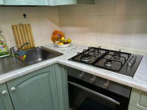 a kitchen counter with a stove and a sink at At the lake in Intra