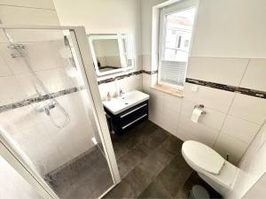 a bathroom with a shower and a toilet and a sink at Villa Weißer Schwan in Trent +8 photos