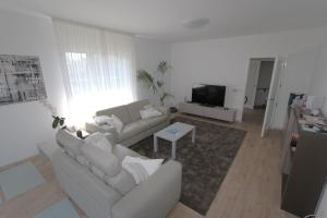 un soggiorno con un divano e una TV di Casa Ermenegilda, 4,5-Zimmerhaus by HolAp SA ad Ascona