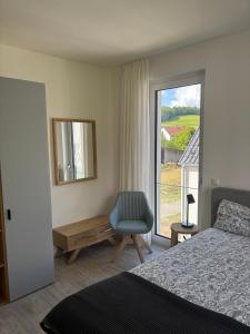 a bedroom with a bed and a mirror and a chair at Appartement Pfingstrose in Spangenberg
