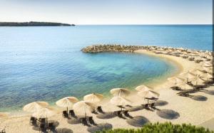 - un groupe de parasols et de chaises sur une plage dans l'établissement AP Residence Contessa, à Bužinija