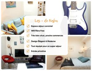 a collage of photos of a guitar in a room at Gite Urbain - Nabu in Magenta