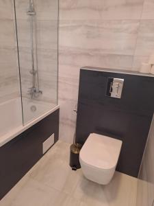 e bagno con servizi igienici bianchi e doccia. di JBHotels Apartament Deluxe Hanza Tower a Stettino