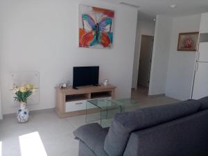 a living room with a couch and a television at Villa San Benito in Los Montesinos