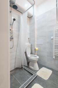 a bathroom with a toilet and a shower at Maja's Sweet Little Home with Free Parking and Air Condition in Budapest