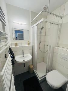 a bathroom with a shower and a toilet and a sink at Sanssouci-FeWo 10 in Bad Kissingen +15 photos