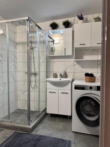 a bathroom with a washing machine and a washer at Apartman Family Aleksandrov in Néa Meságkala
