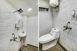 Dos imágenes de un baño con inodoro y lavabo. en Rainbow Inn, en Nueva Delhi