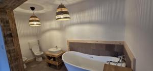 een badkamer met een bad, een toilet en 2 verlichting bij Menasagi Sit & Dream Cottage 2 in Menasag-Ujfalu +32 foto's